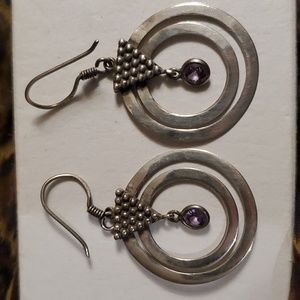 Vintage Sterling Silver Amethyst Earrings Hoop Earrings